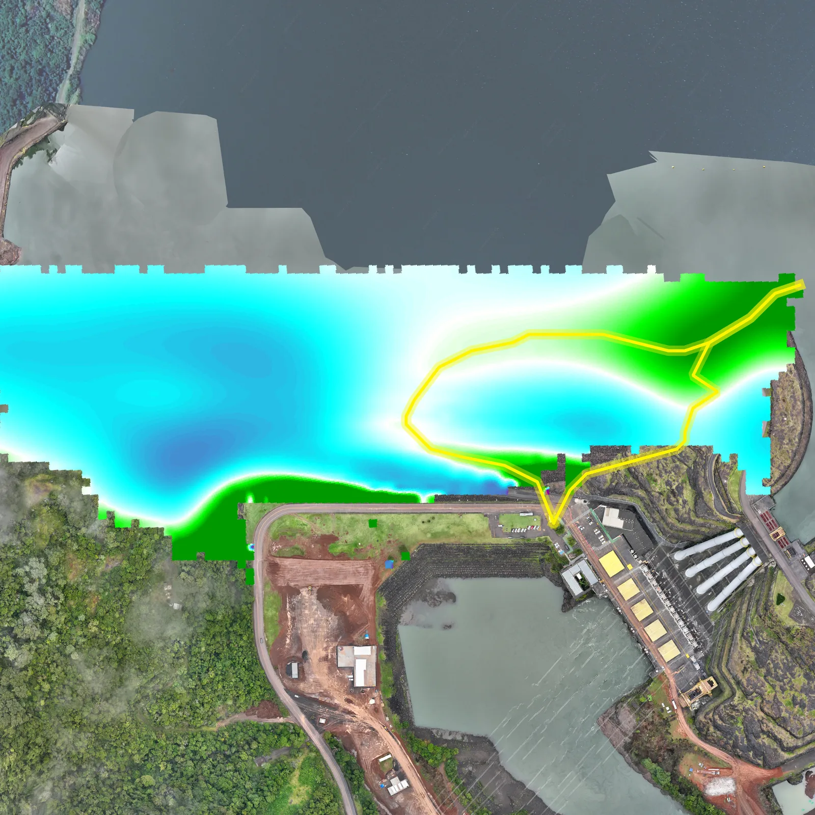 Georeferenced survey aerial with conductivity overlay · dam project, Paraná, Brazil