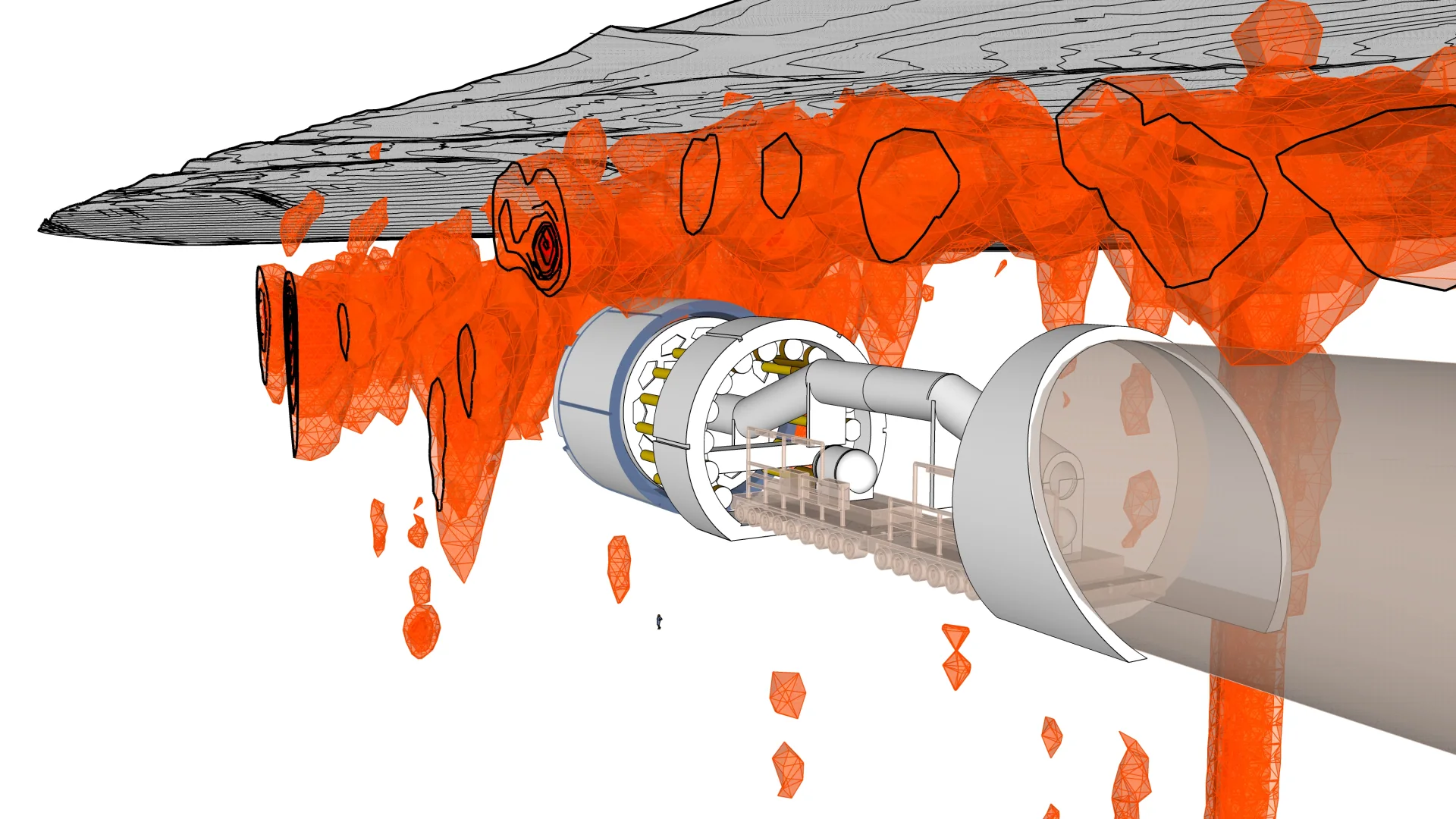 Tunnel-boring machine and interpreted subsurface zones · 3D construction model