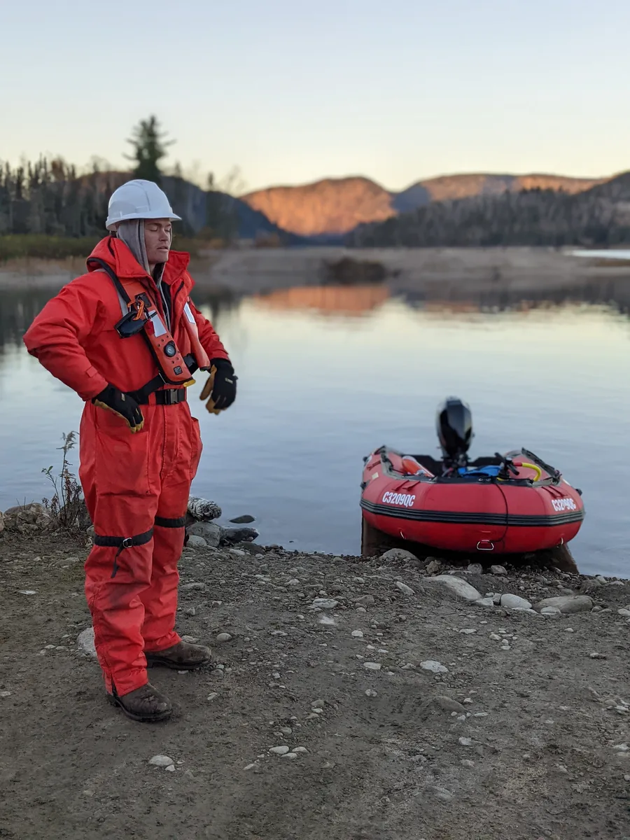 Field crew with survey vessel · Willowstick field operations (Canada)