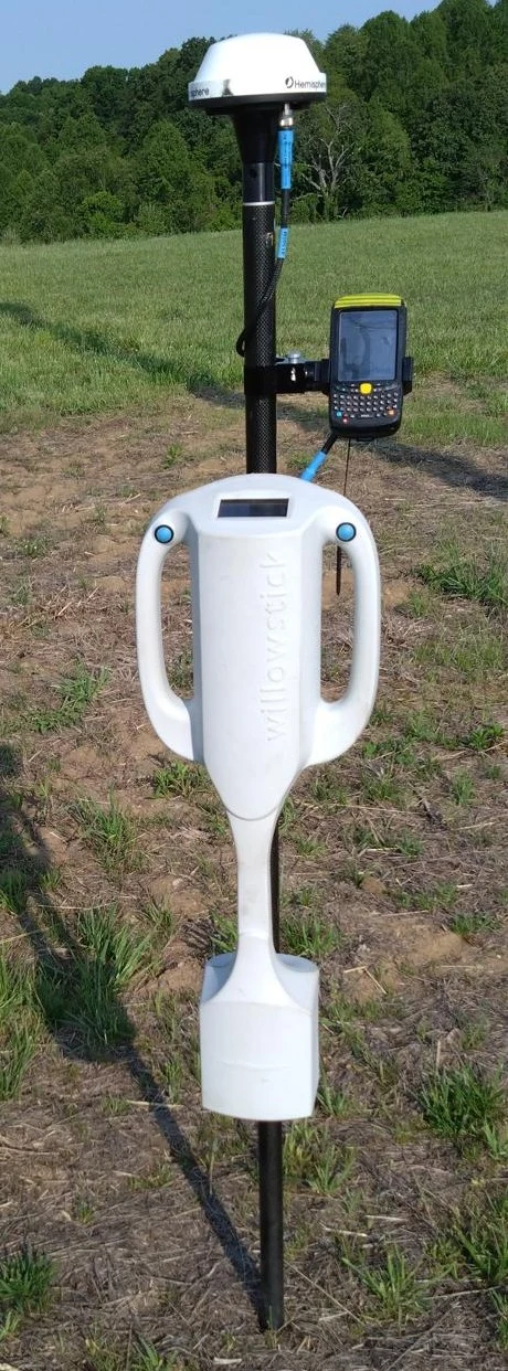 Willowstick three-axis magnetic-field instrument with GPS antenna and handheld data logger