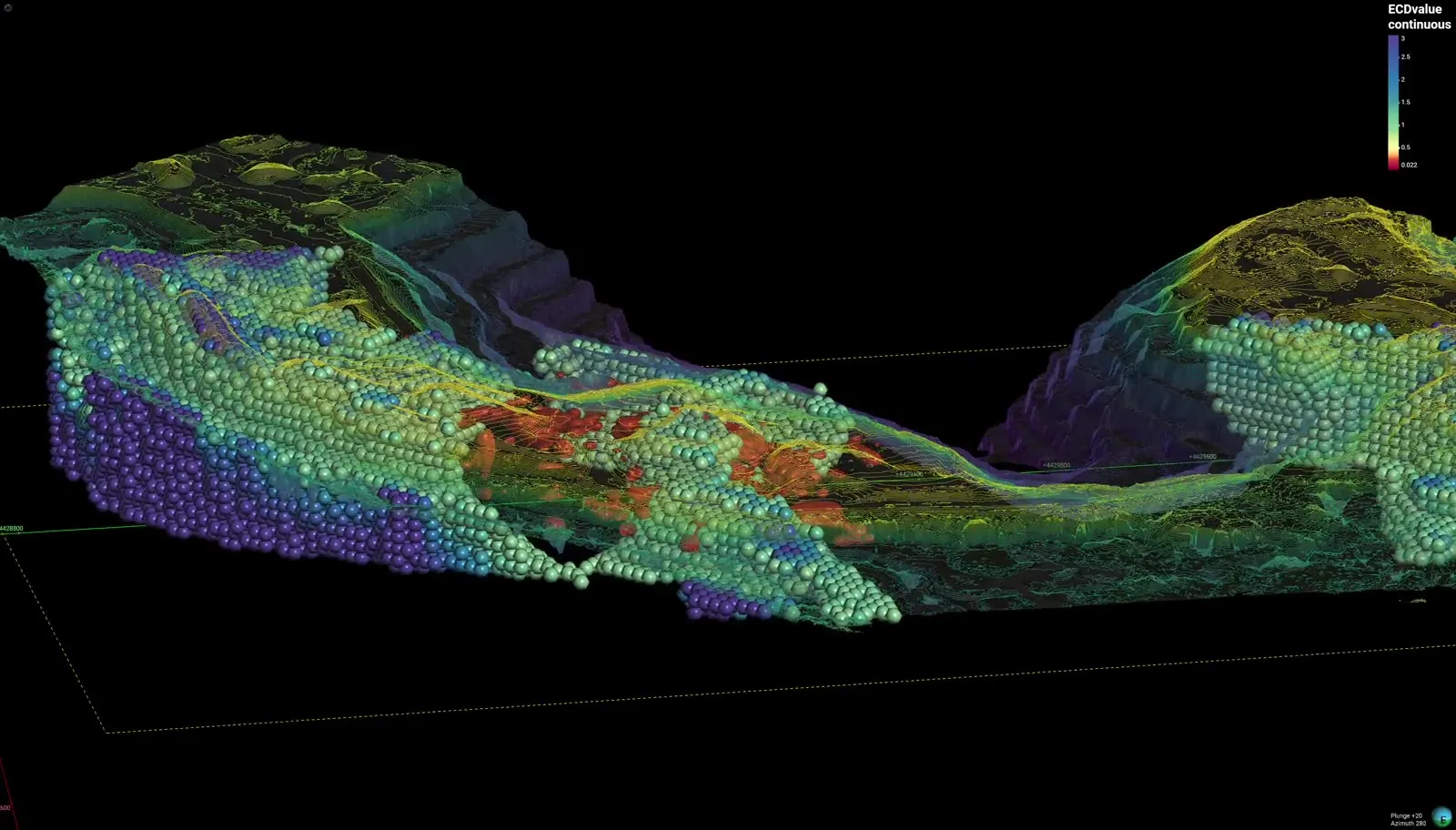 A 3D subsurface model of measured ECD values, rotating through the survey volume
